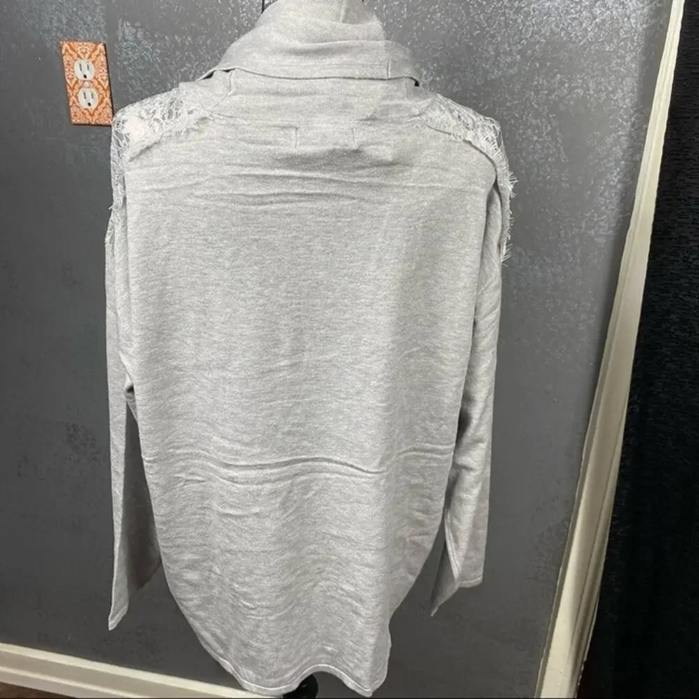 H Halston Light Heather Gray Cowl Neck Lace Shoulder Sweater, Size Large, NWT